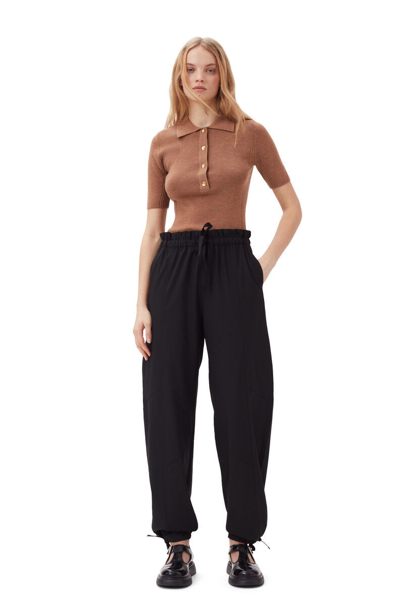 Ganni Black Drapey Melange Elasticated Waist Trousers In Black