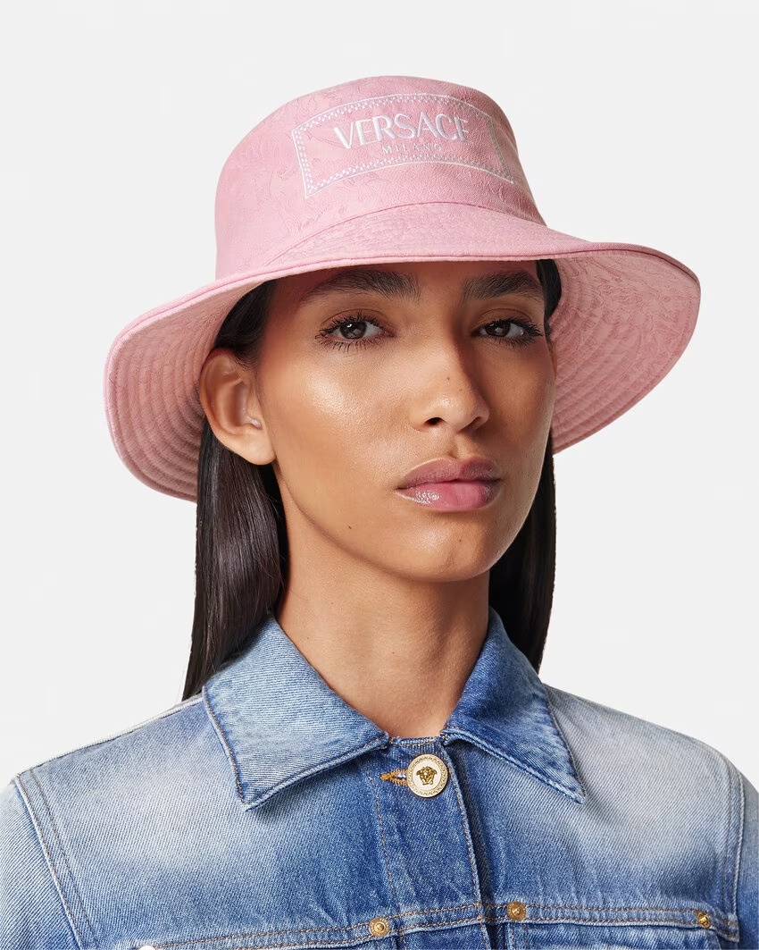 Shop Versace Barocco-jacquard Logo Bucket Hat In Pink