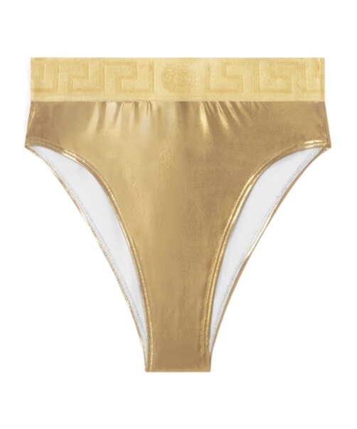 Versace Women Greca Border Bikini Bottoms With Metallic Finish In Nude