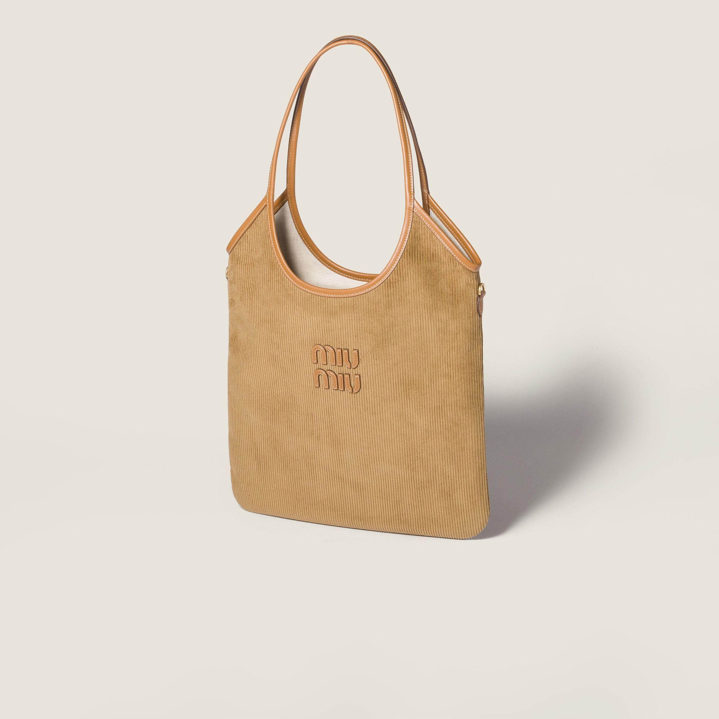 Miu Miu Corduroy Leather Handle Ivy Tote Bag In Brown