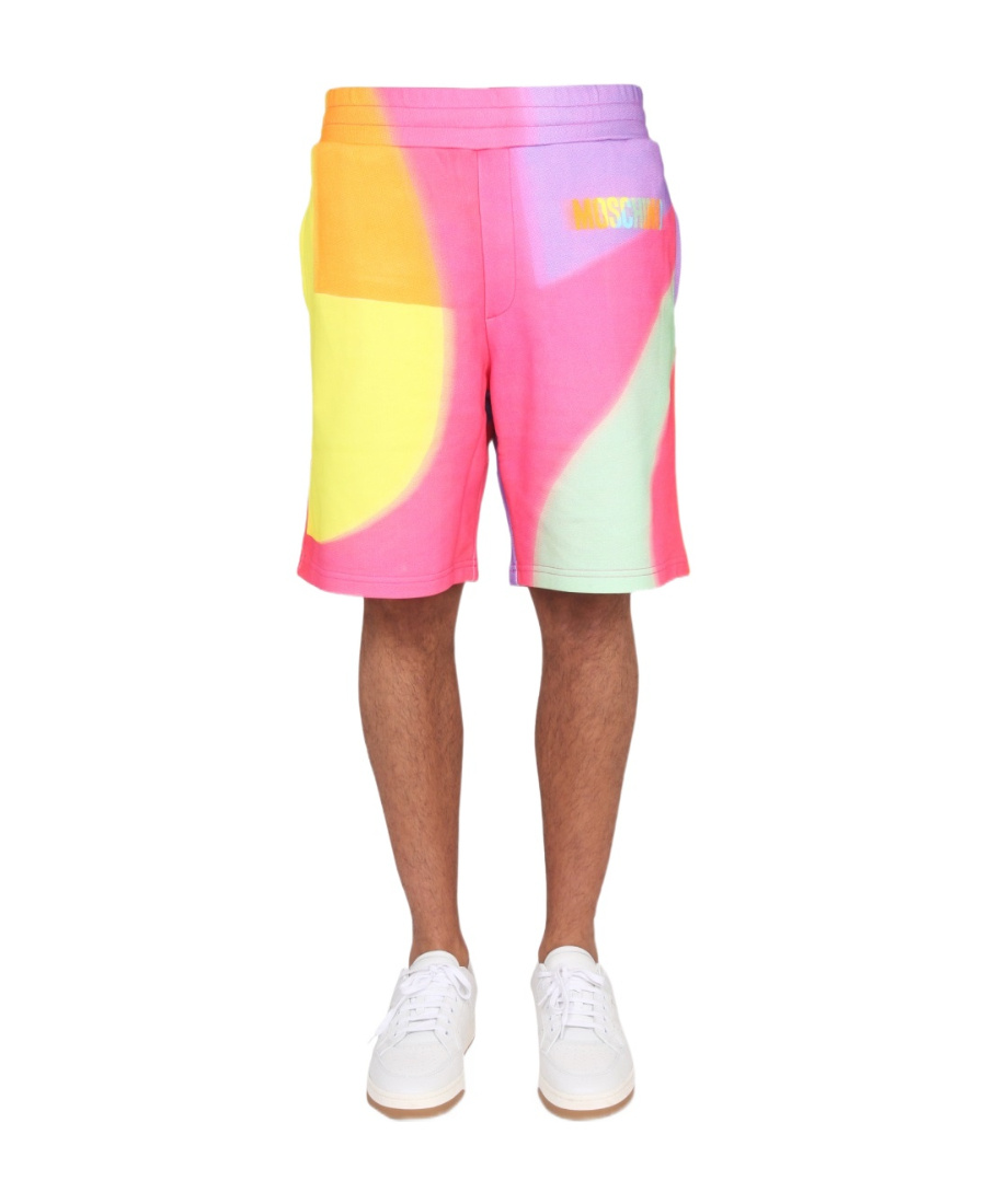 Moschino Multi Rainbow Print Cotton Sweat Shorts In Pink