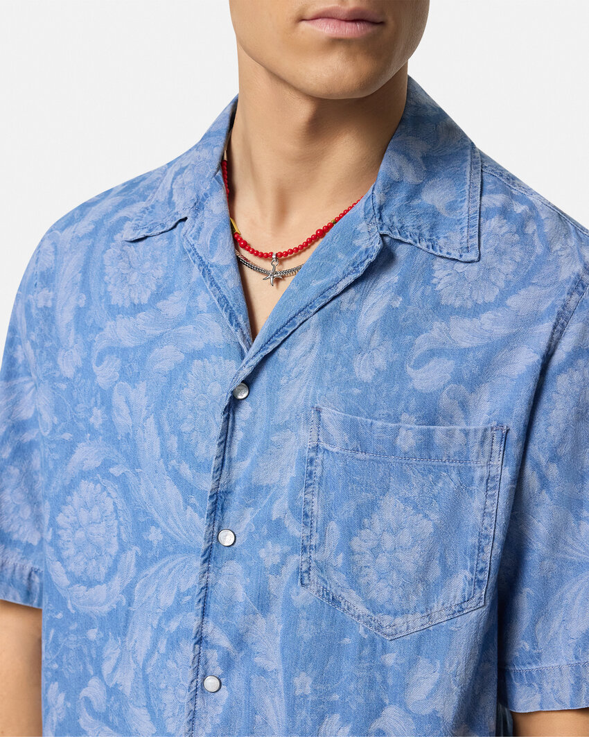 Versace Barocco Print Chambray Denim Shirt In Blue
