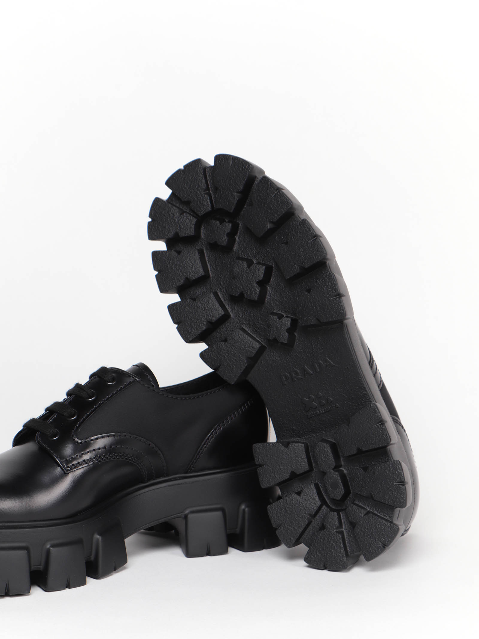 Prada Monolith Brushed Rois Leather And Nylon Lace-up Shoes In Black