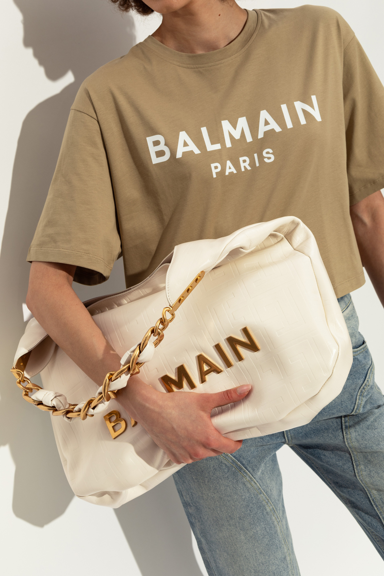 BALMAIN 1945 SOFT HOBO BAG IN EMBOSSED CRINKLED CALFSKIN WITH A PB LABYRINTH MONOGRAM
