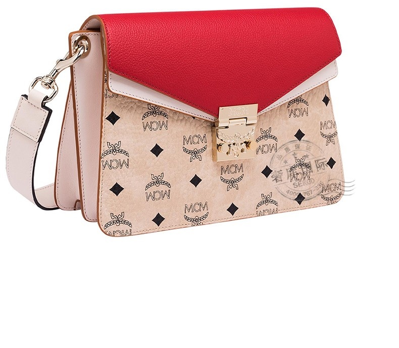 Mcm Stitched Printed Letter Shoulder Bag In Red