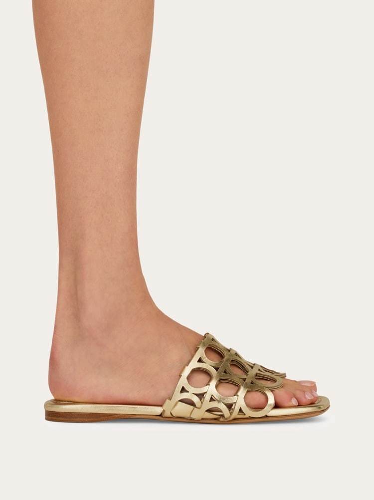 Ferragamo Erne Gancini Leather Slides In Gold