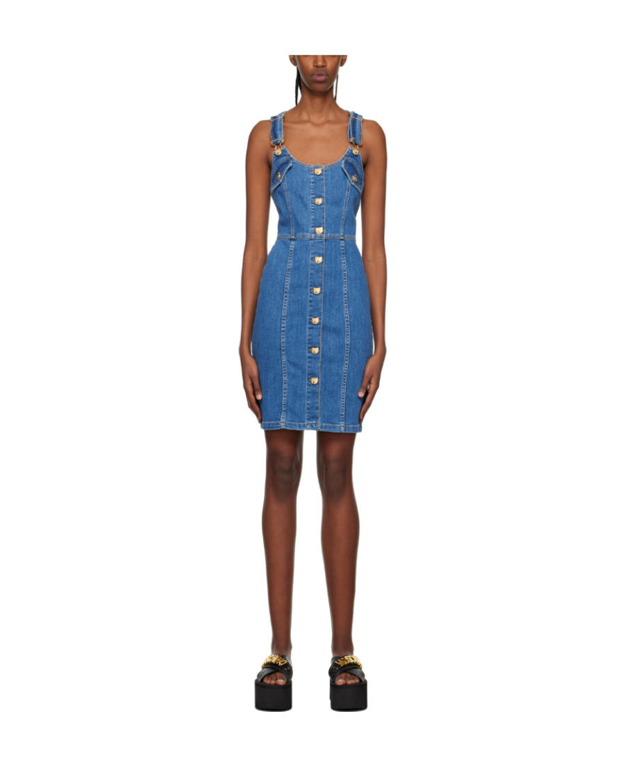 Moschino Button Denim Mini Dress In Blue