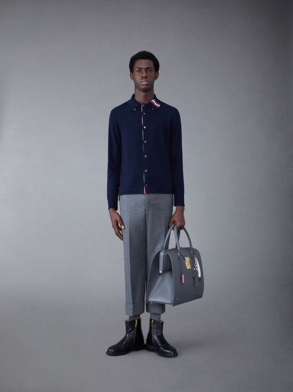 Shop Thom Browne Contrasting Stripe-trim Knit Cardigan In Blue