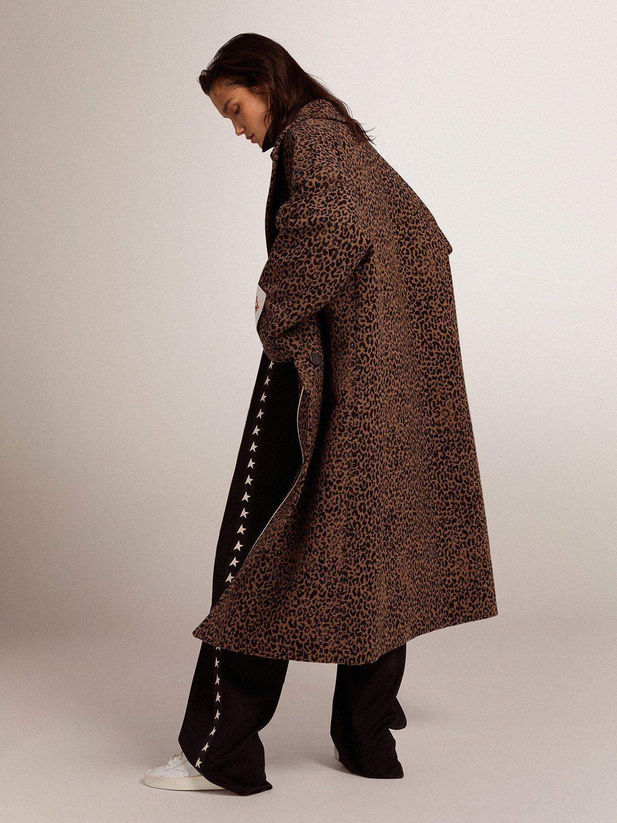 Golden Goose Golden Collection Single-breasted Cocoon Coat In Wool With Jacquard Animal Pattern In Brown