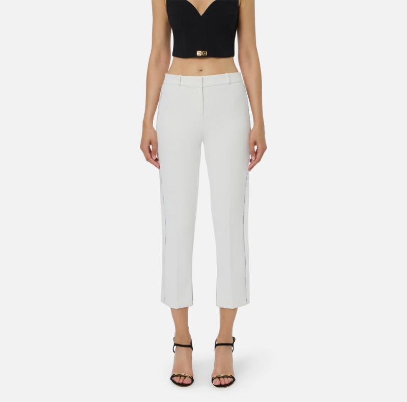 Elisabetta Franchi Trousers In Lightweight Crepe Fabric With Tuxedo Details In White