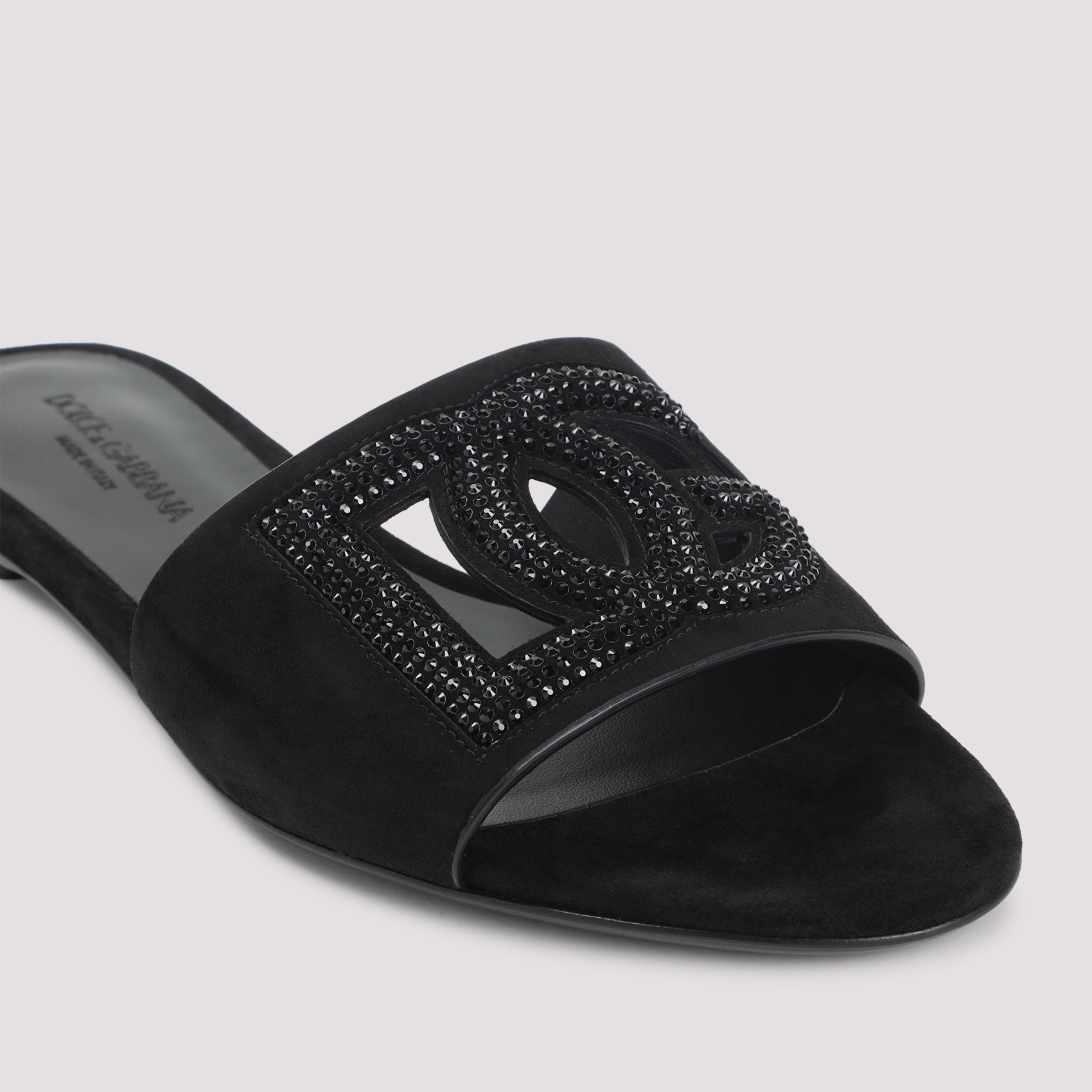 Dolce & Gabbana Black Goat Leather Slides With Signature Dg Logo In Black