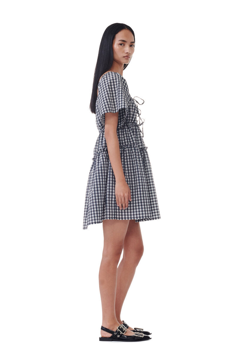 Ganni Check-print Mini Dress In Gray