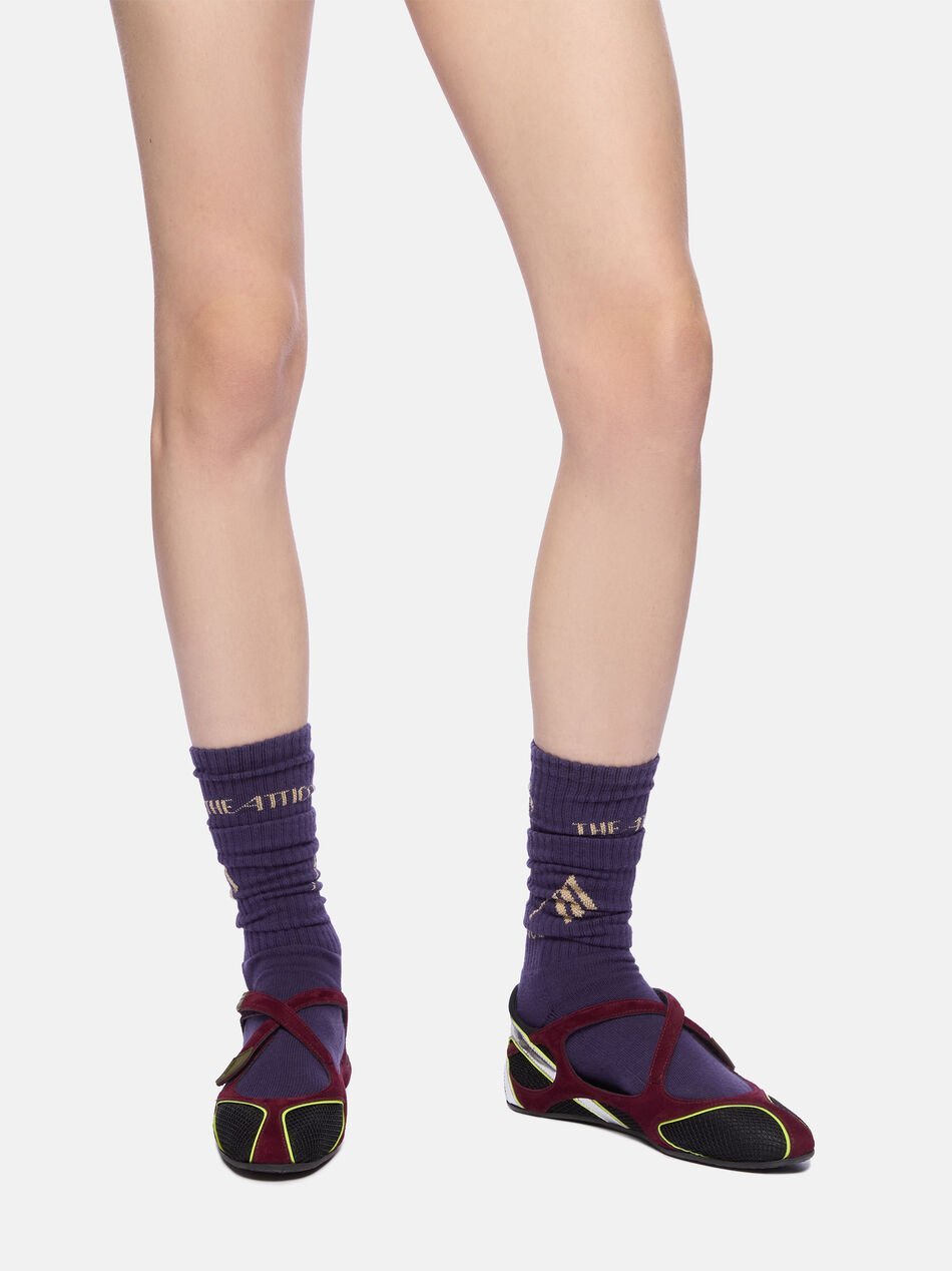 Attico Nomad Bordeaux Ballet Shoes With Criss-crossed Straps And Mesh Panels In Tech Fabric And Suede Woman In Black