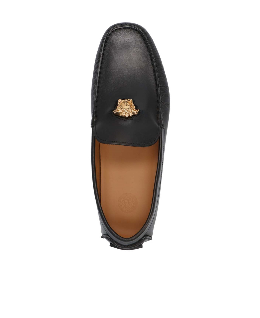 Versace Logo Plaque Leather Loafers In Black