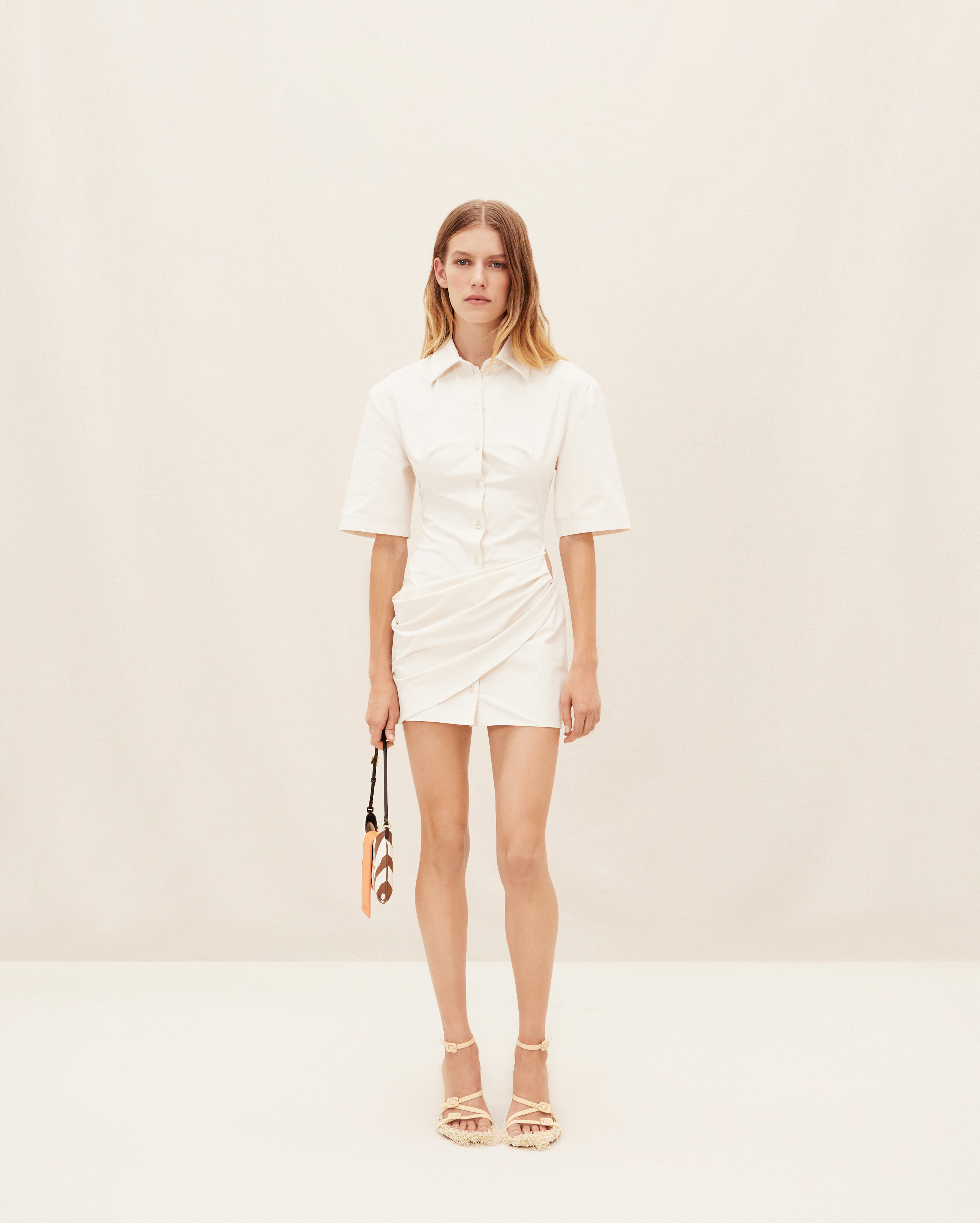 Jacquemus Camisa Draped Mini Shirt Dress In White