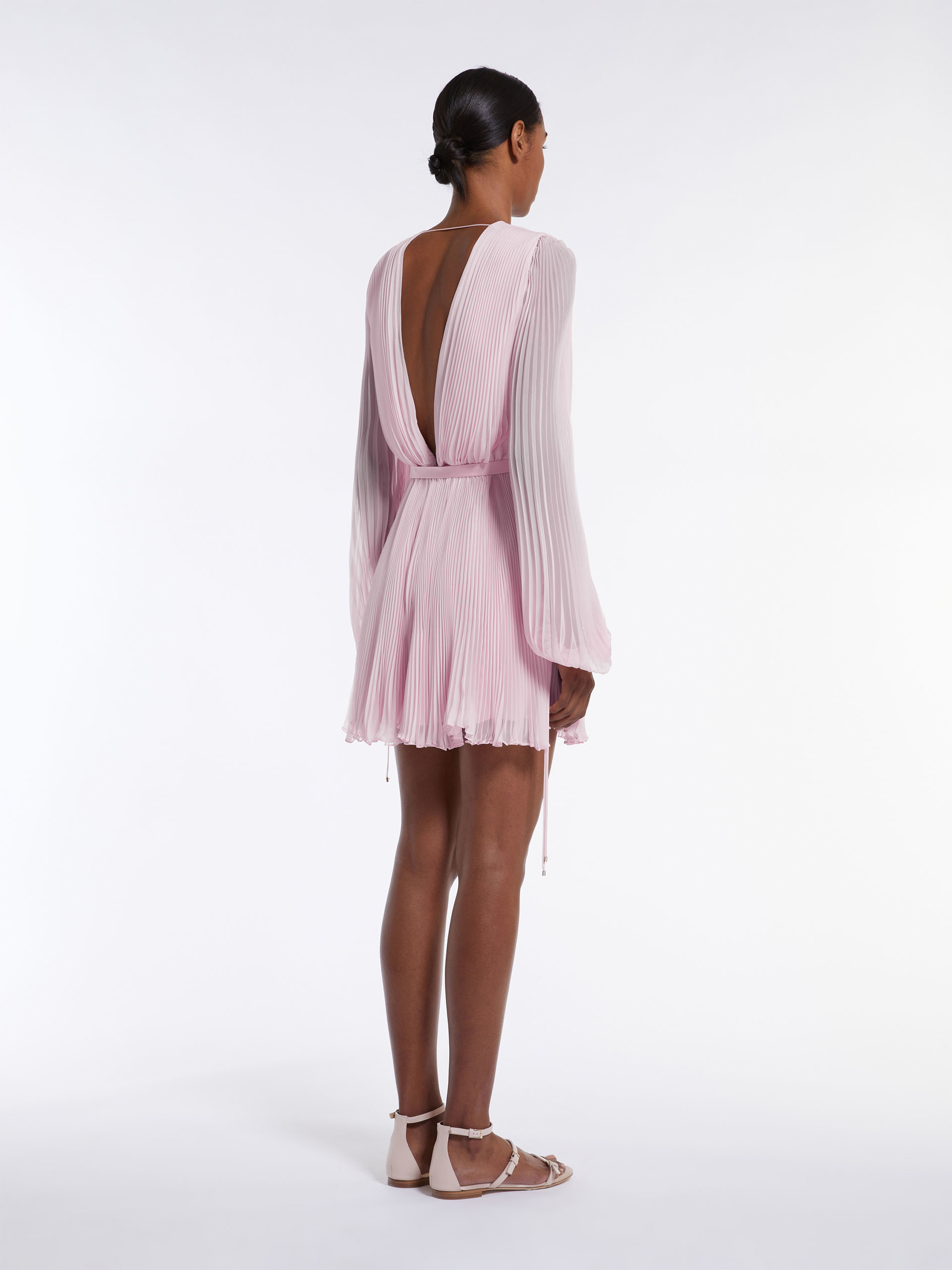 Max Mara Puff Sleeve Belted V Neck Mini Dress In Pink