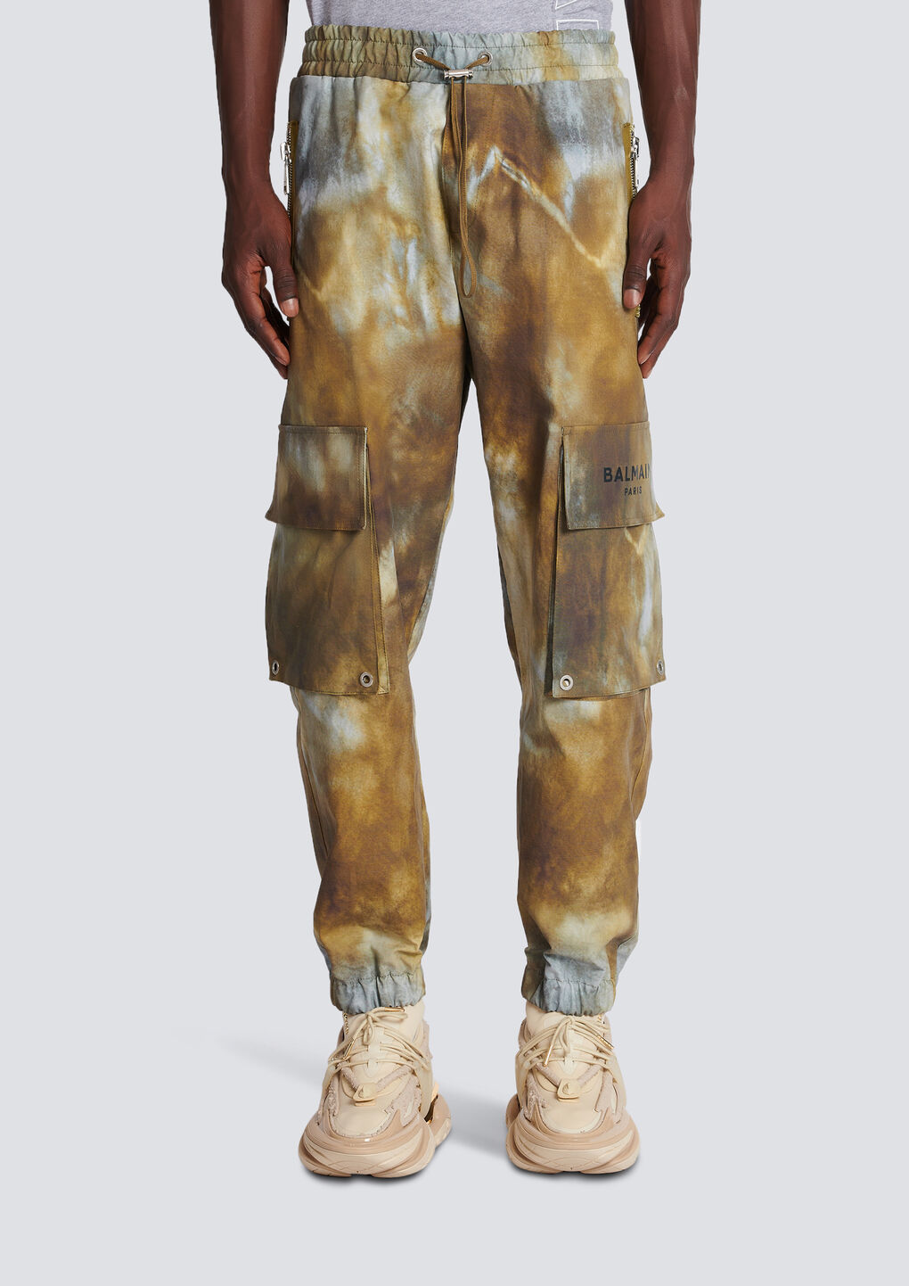 Shop Balmain Desert Print Cotton Cargo Trousers In Gray