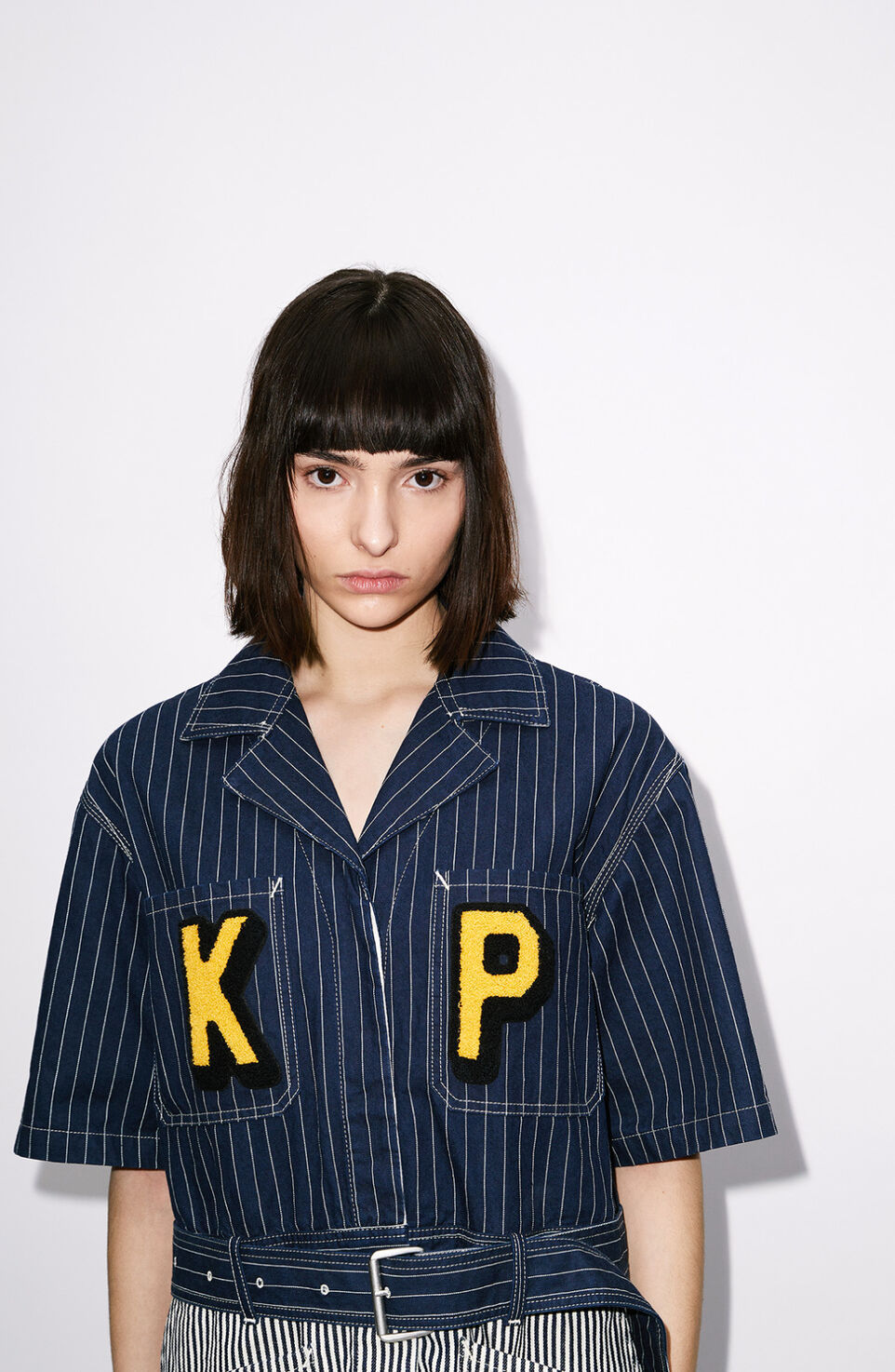 Kenzo Logo-patch Striped Denim Shirtdress In Blue