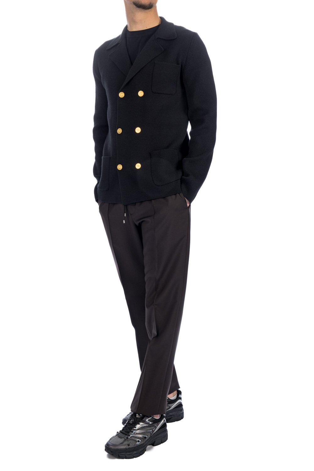 Valentino Structured Double-breasted Wool Cardigan With Chest And Patch Pockets In Black