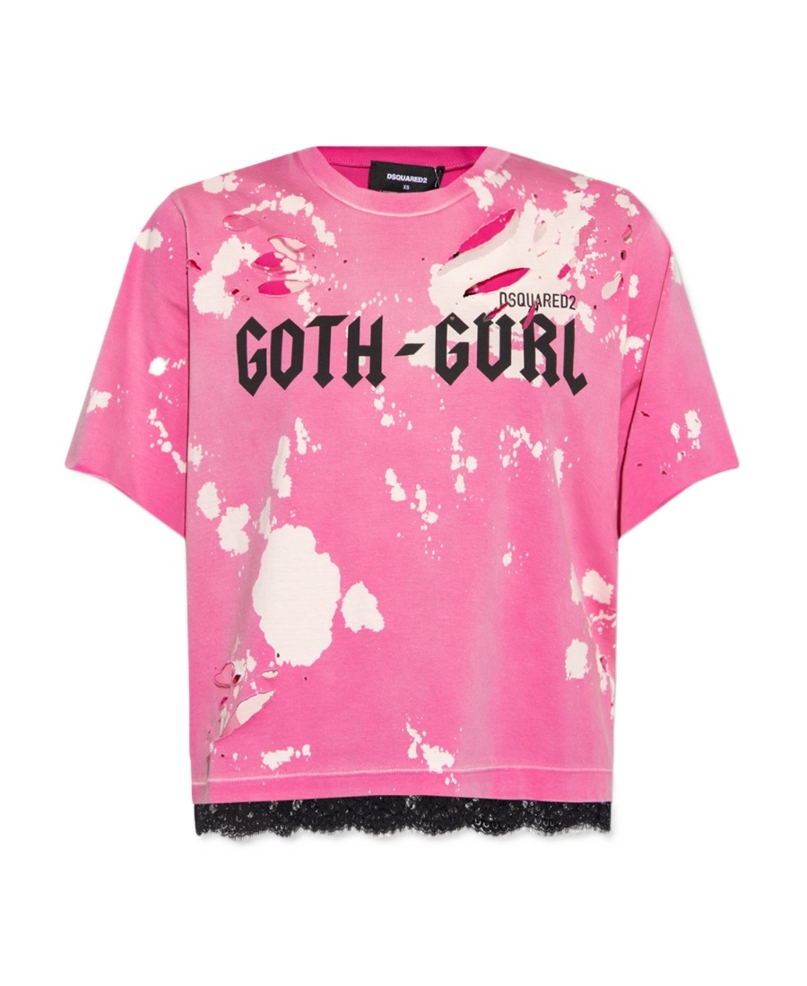 Dsquared2 Fuchsia Worn Effect Logo Print T-shirt With Laced Hem In Pink