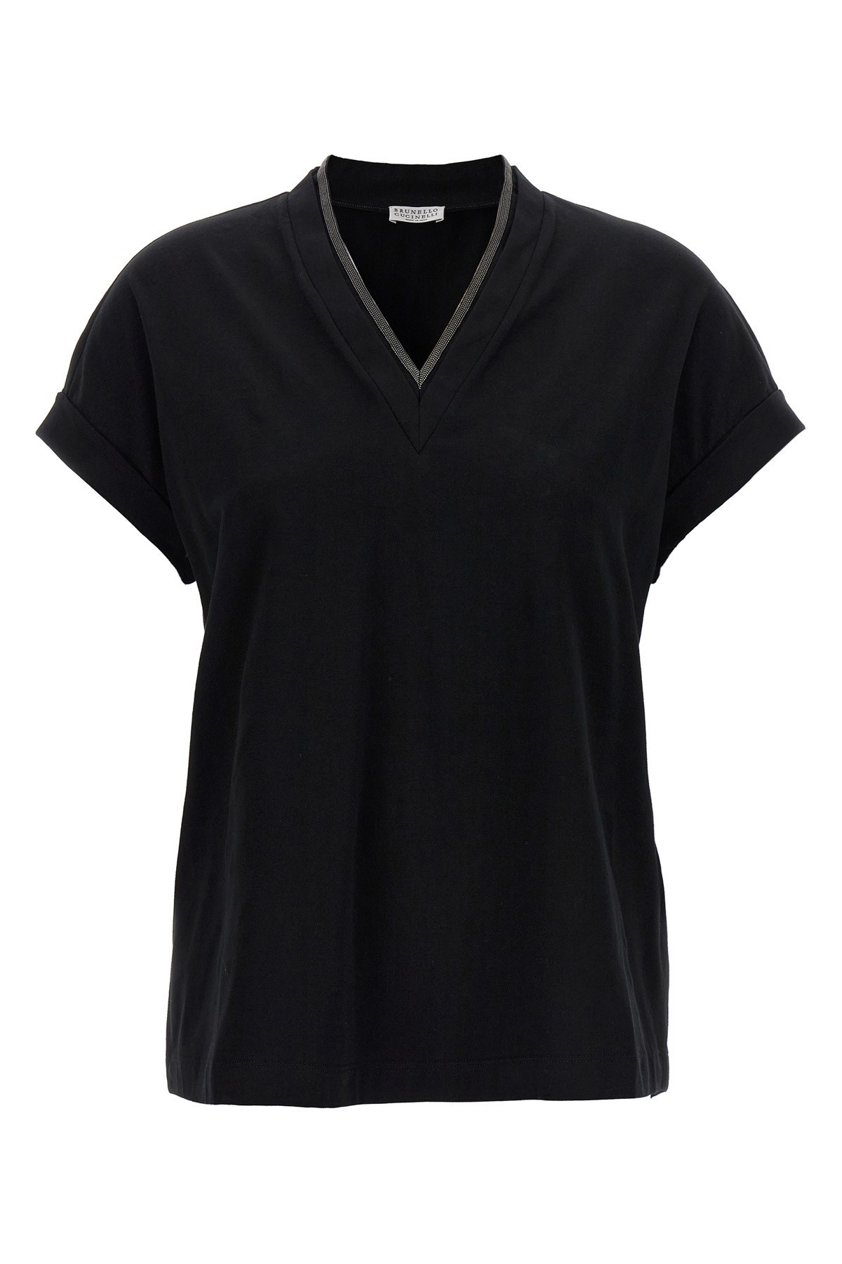 Brunello Cucinelli Black V-neck T-shirt With Monile Detail In Stretch Cotton Woman In Black
