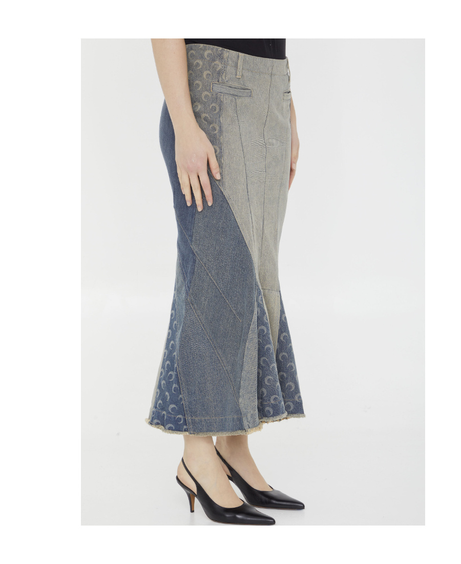 Marine Serre Panelled Denim Flared Skirt In Gray