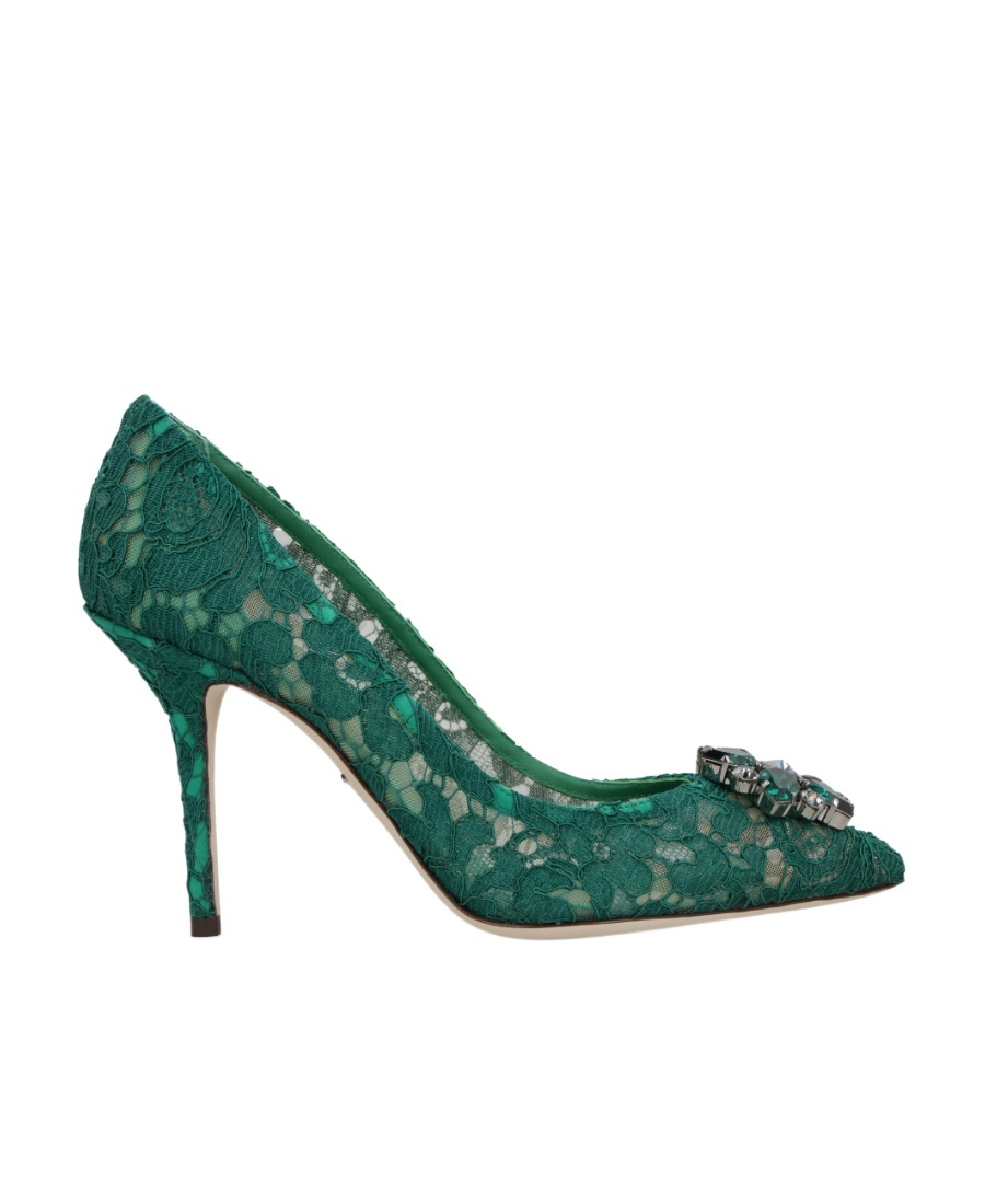 Dolce & Gabbana Lace Stiletto Heel Pumps Crystal Embellishments In Green
