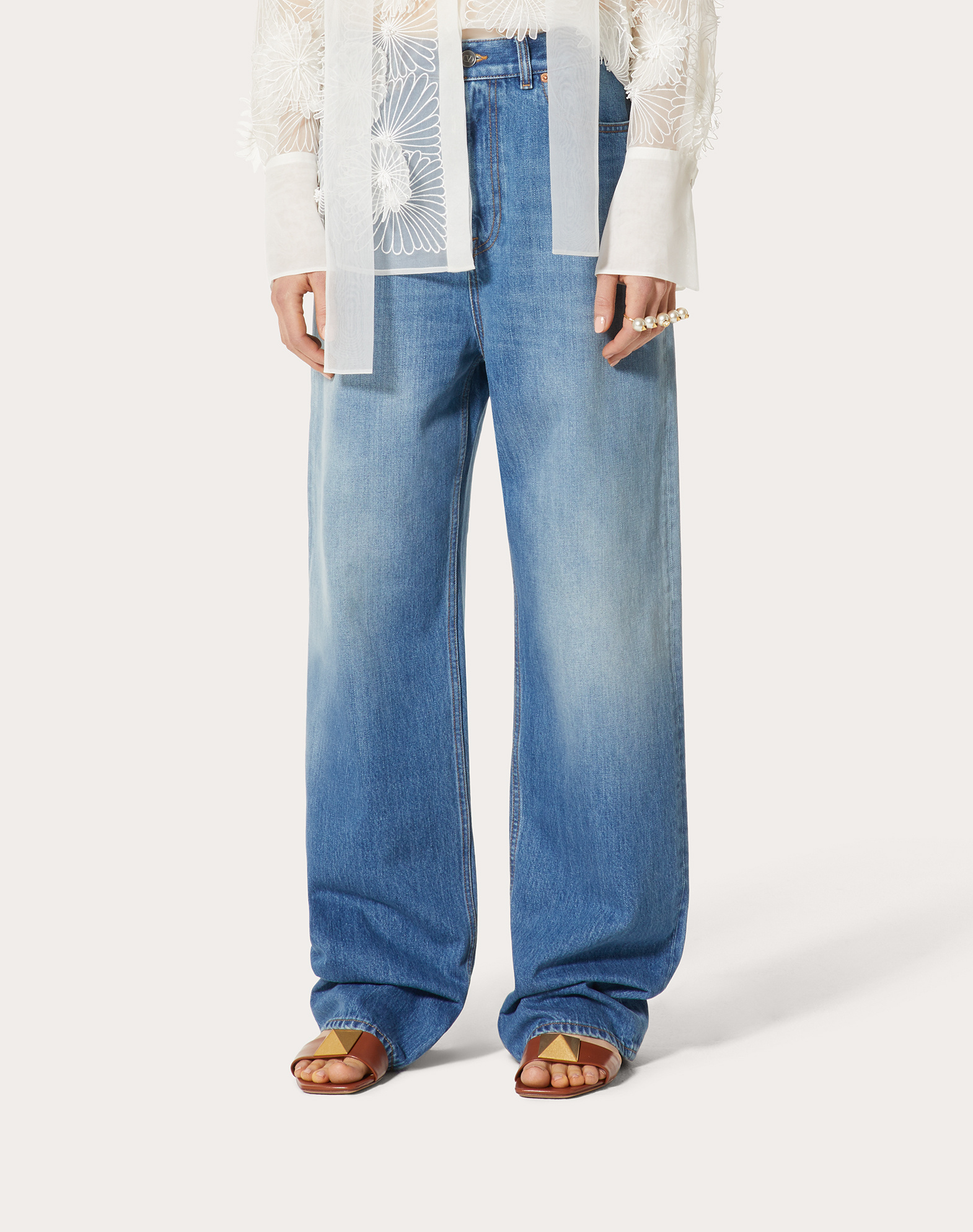 Valentino Light Blue Denim Trousers With V Gold Detail In Blue