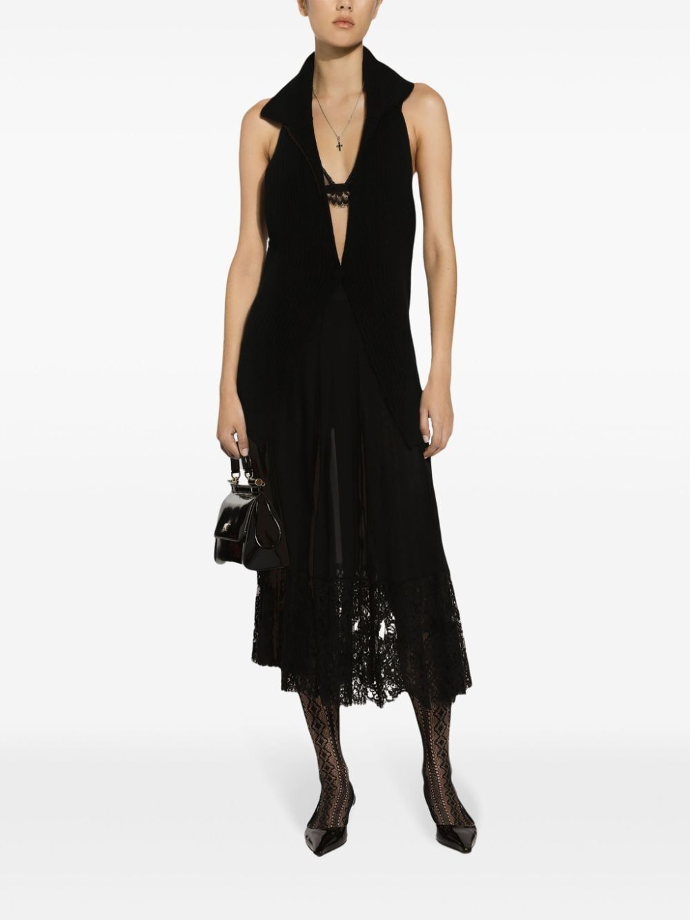 Dolce & Gabbana Ribbed Sleeveless V-neck Midi Jacket In Black
