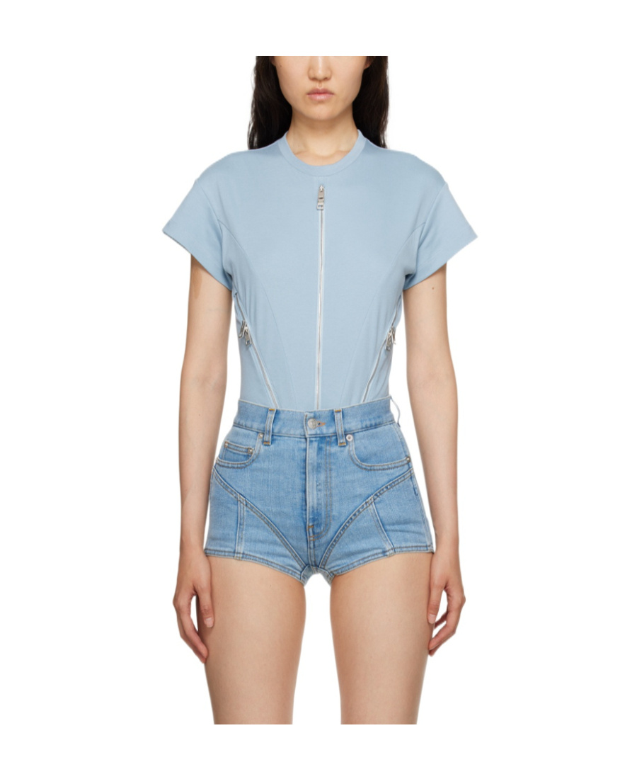 Shop Mugler Zip-embellished Organic Cotton Bodysuit In Blue