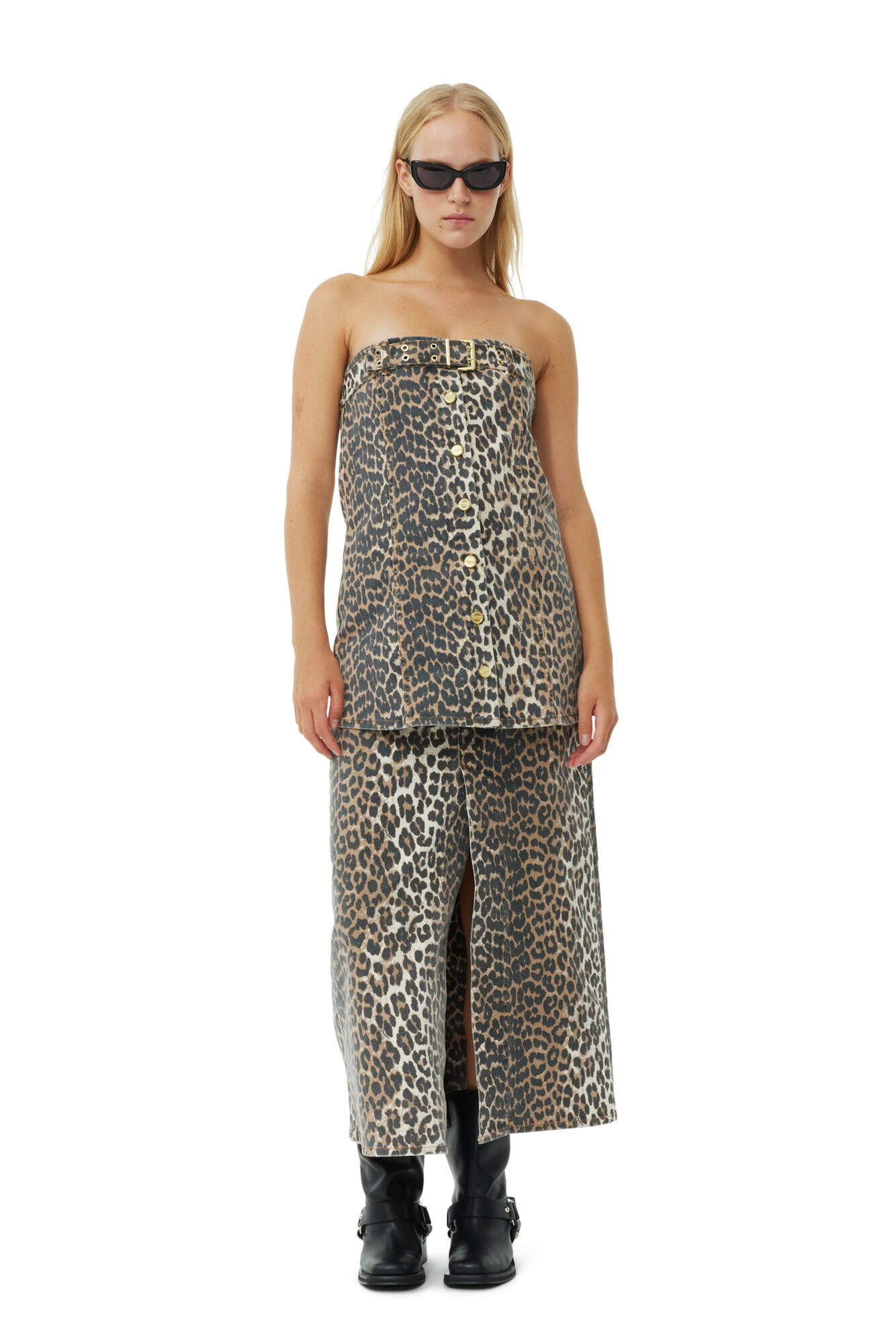 Ganni Leopard-print Strapless Organic-cotton Top In Black