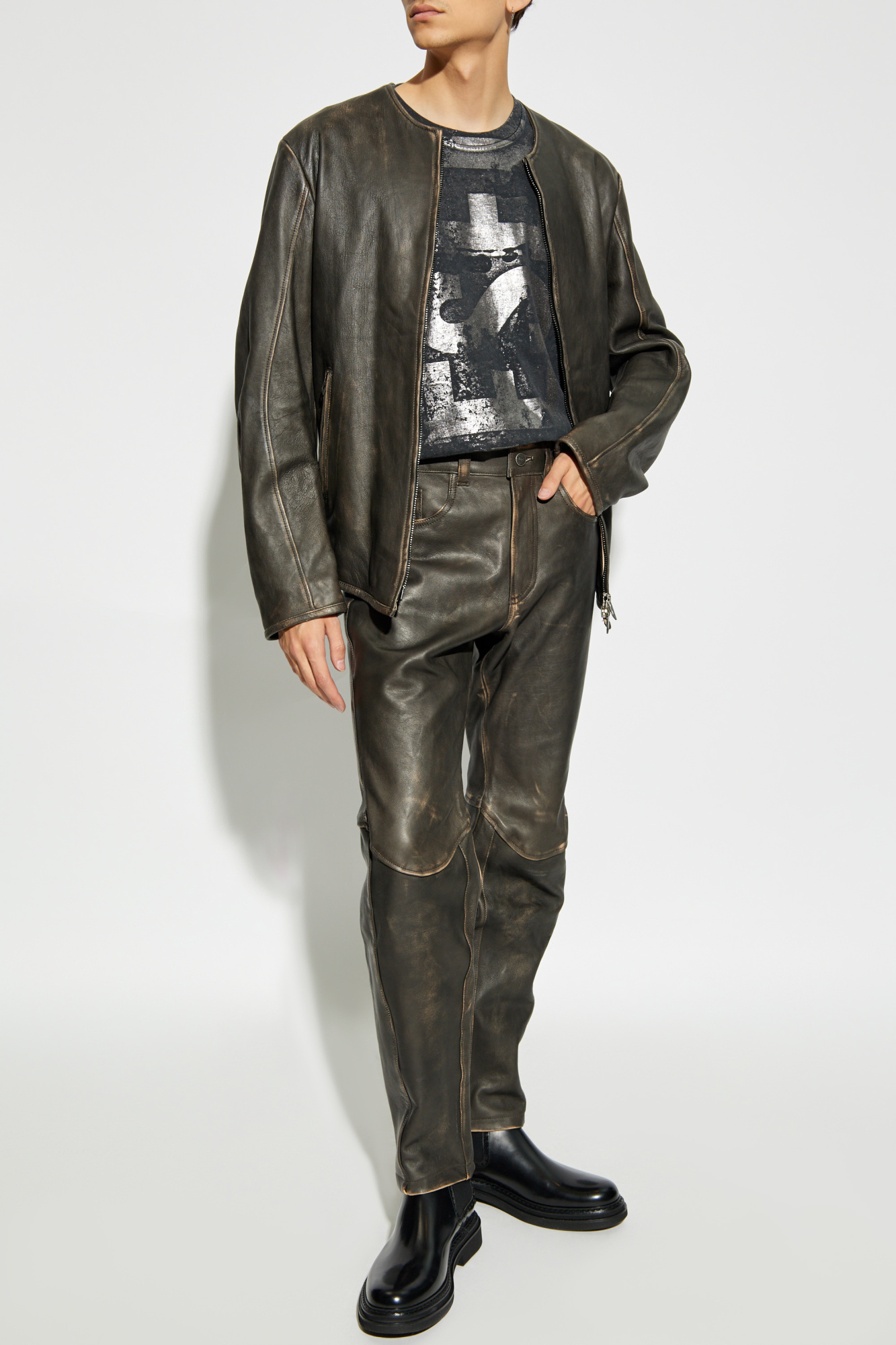 Diesel Zippered Long-sleeved Leather Jacket In Green