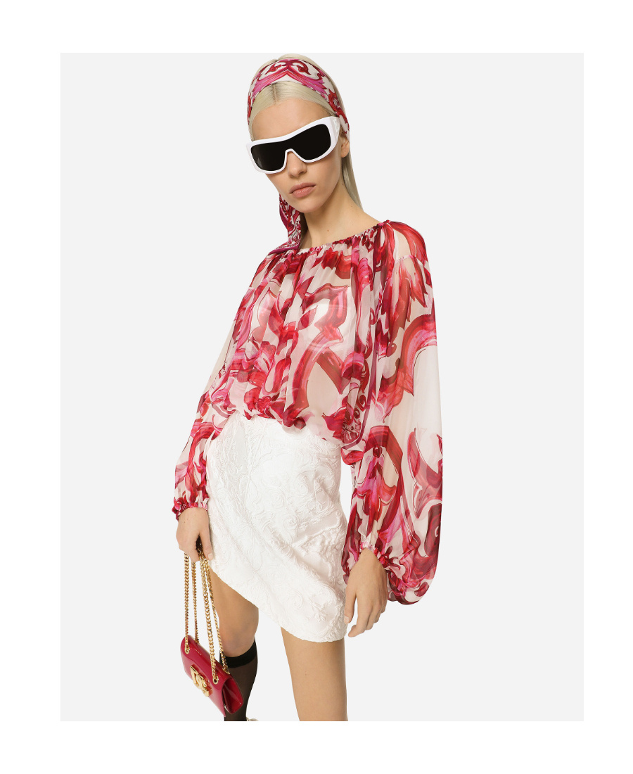 Dolce & Gabbana Chiffon Top In Majolica Print In Pink