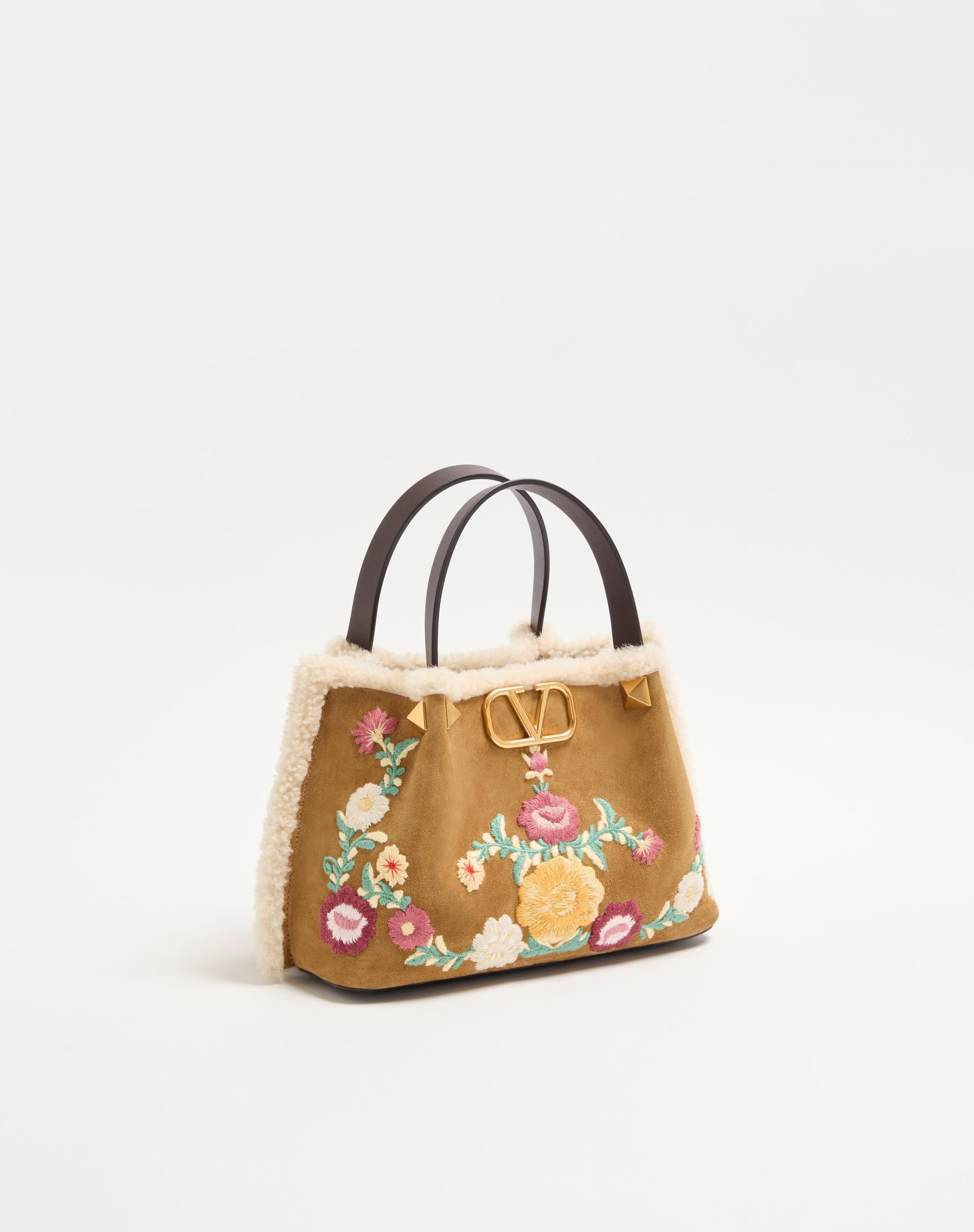 Valentino Small Embroidered-flowers Suede Tote Bag In Brown