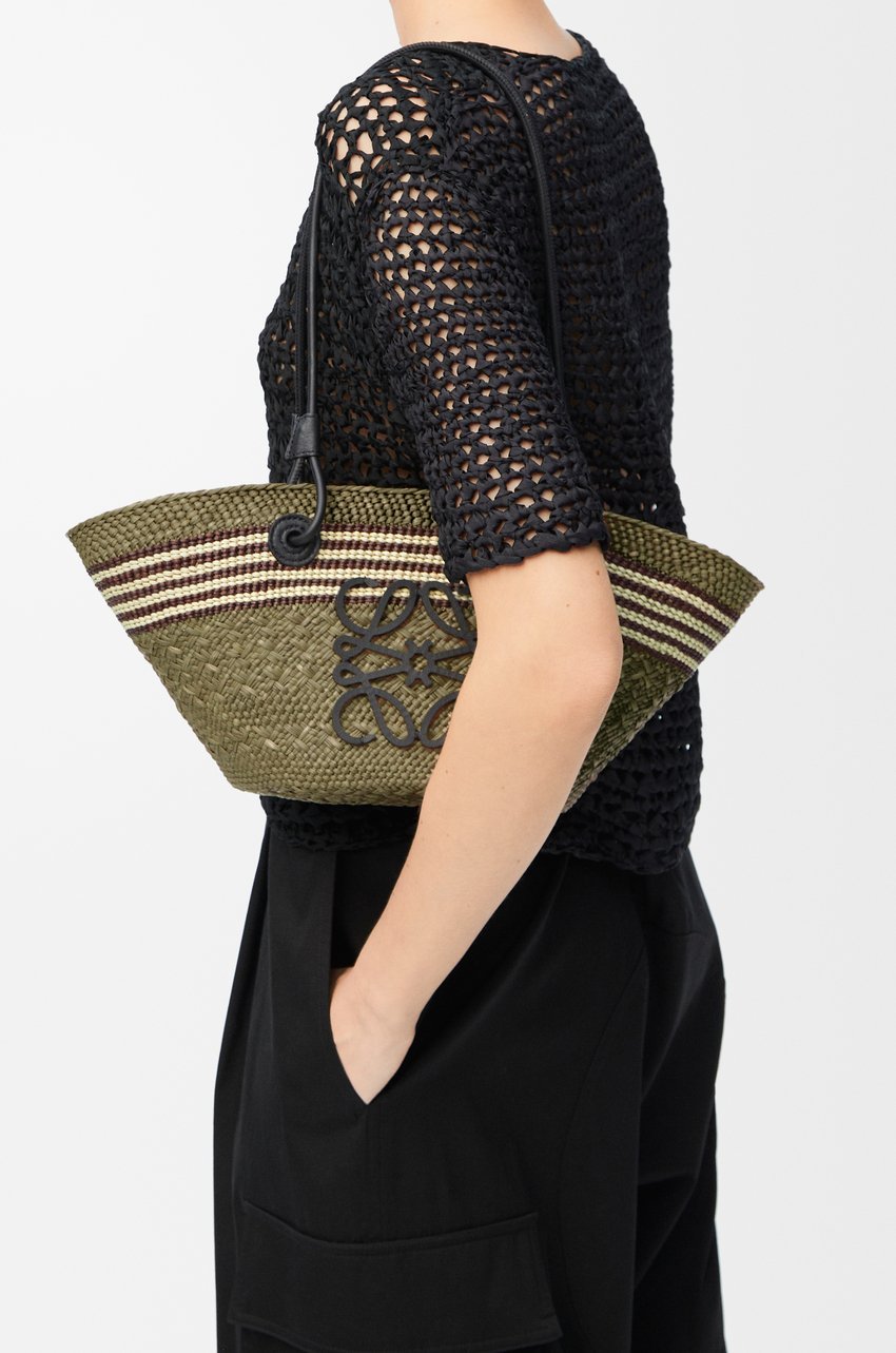 Loewe Anagram Stripes Small Basket In Iraca Palm And Calfskin