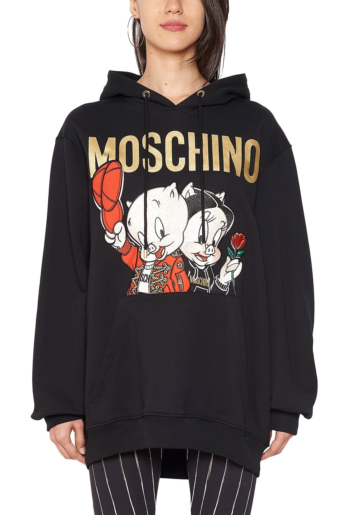Moschino Black Piggy Oversize Hooded Sweater In Black