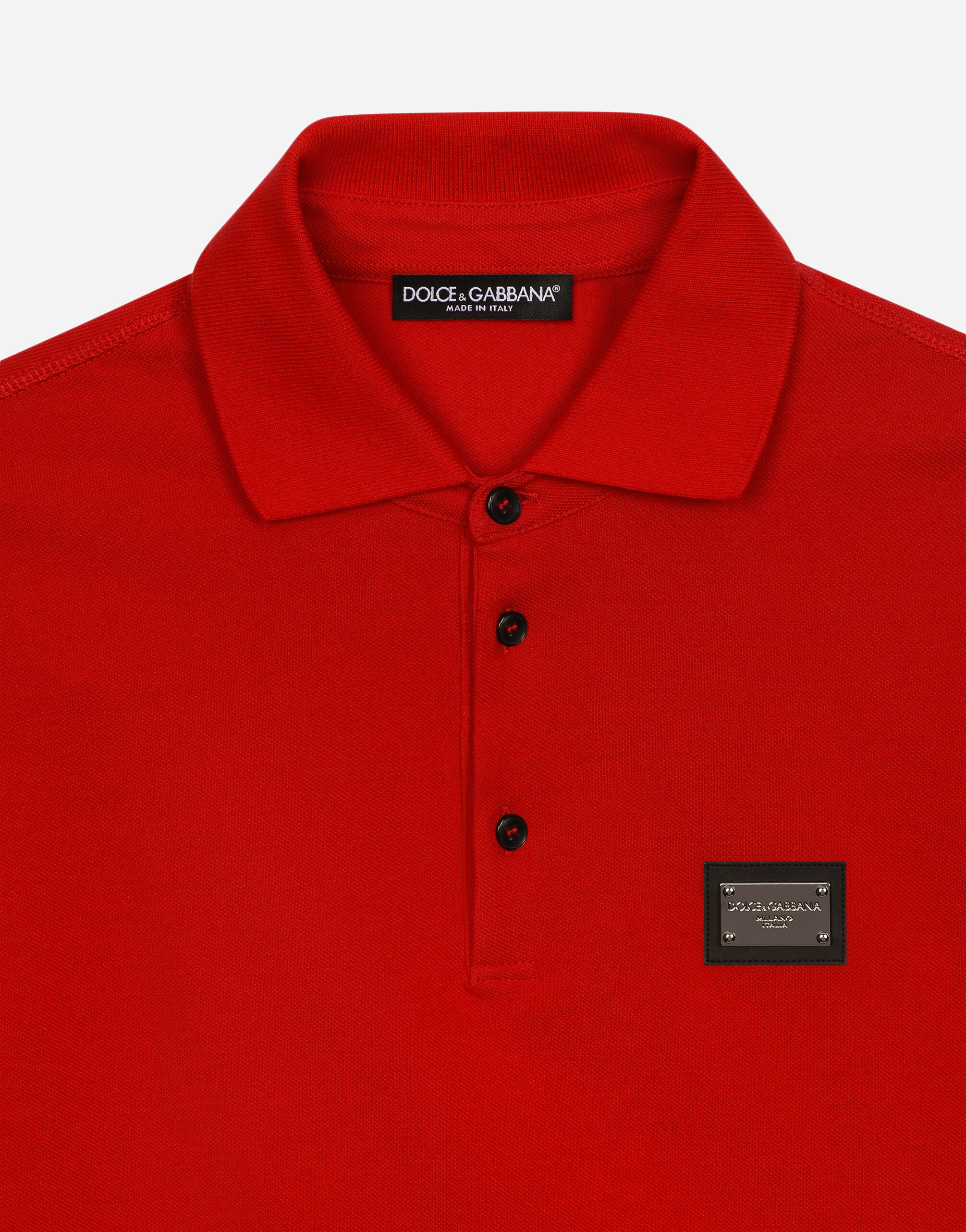 Dolce & Gabbana Polo Piquet Di Cotone Con Placca Logata In Red
