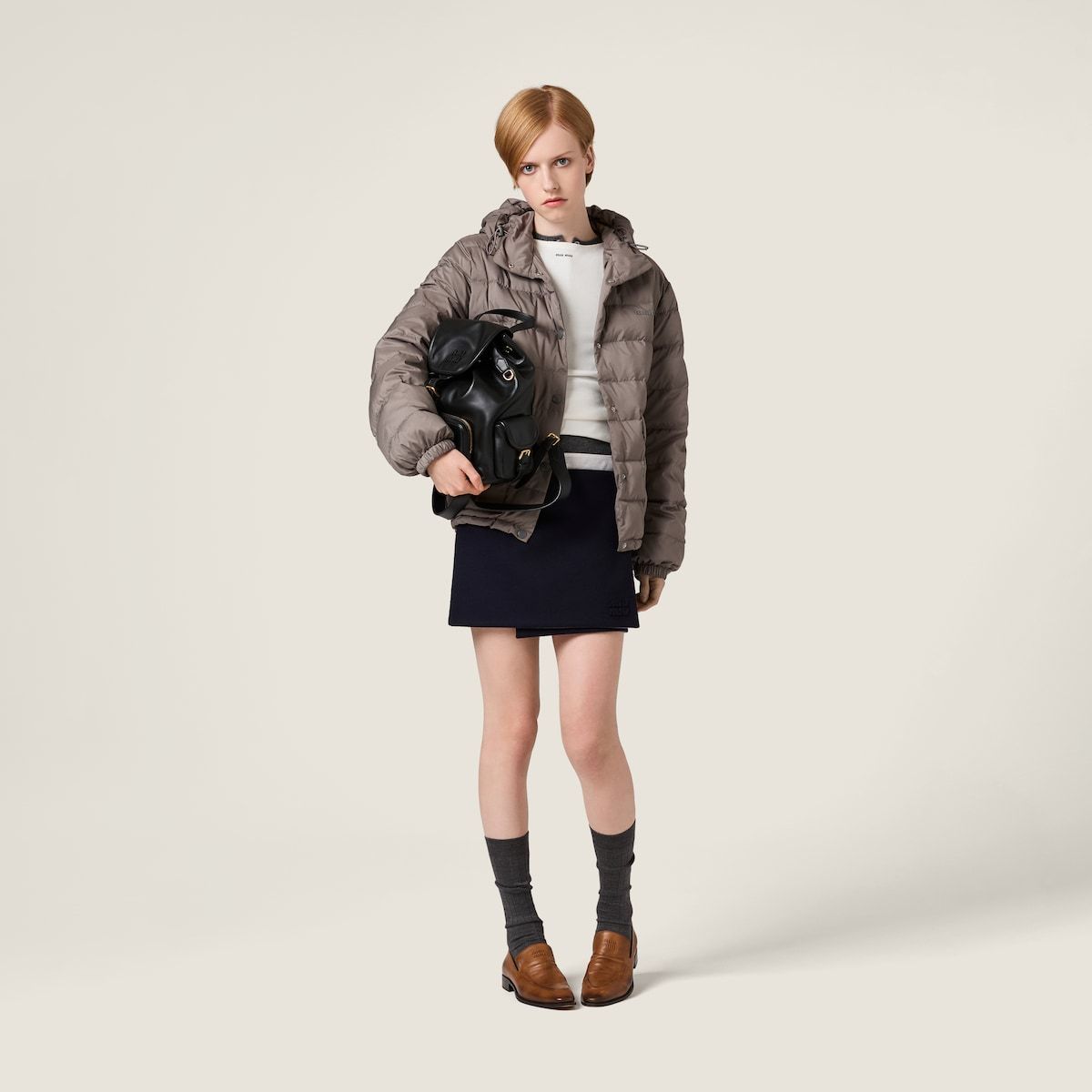 Miu Miu Technical Pongé Down Jacket In Gray