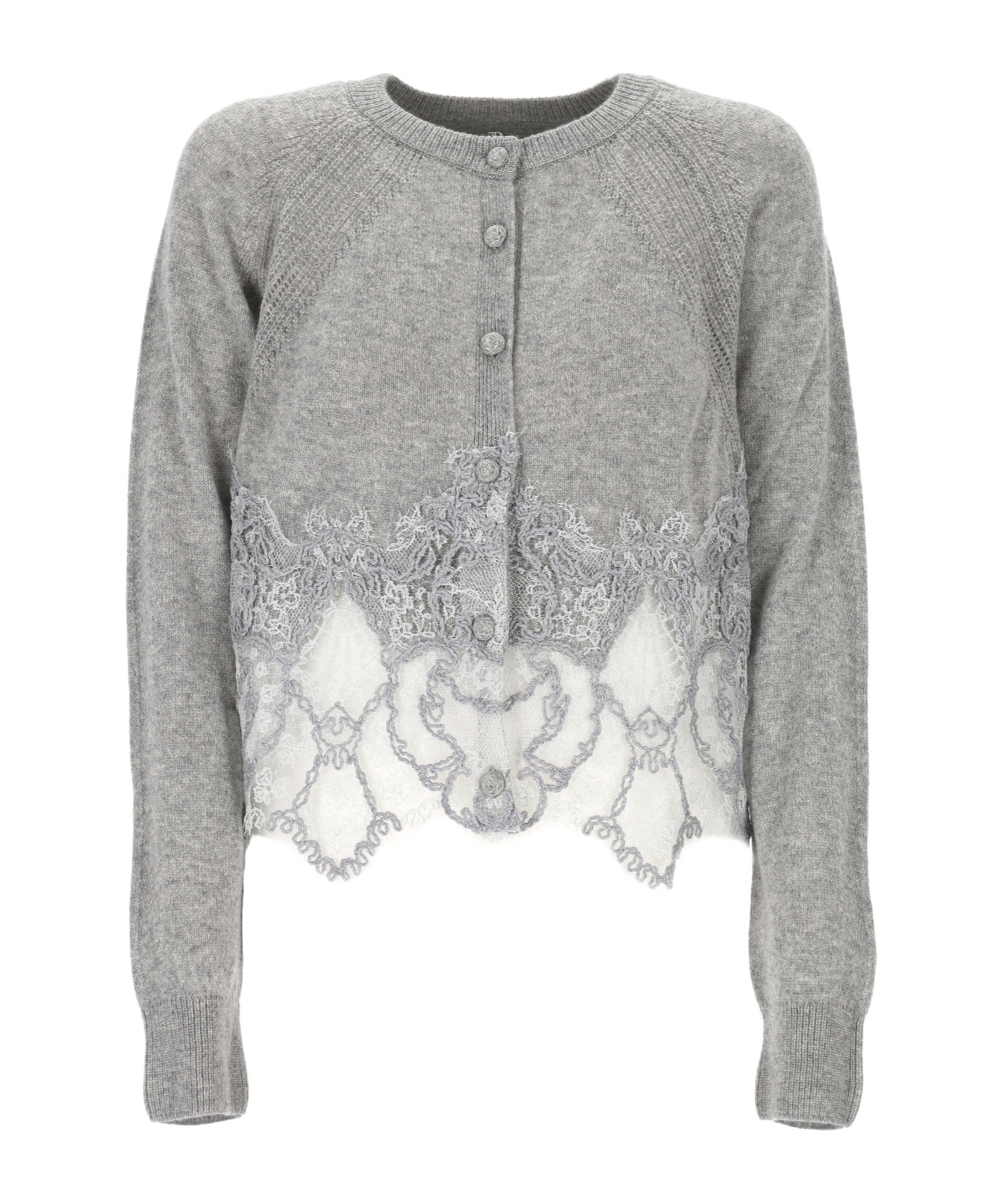 Ermanno Scervino Cropped Cardigan In Pure Cashmere With Mandarin Collar And Rebrode Lace In Gray
