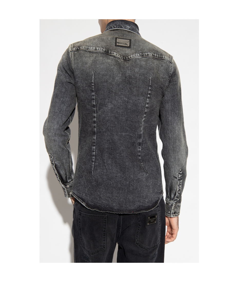Dolce & Gabbana Black Washed Cotton Snap Long Sleeve Casual Shirt In Black