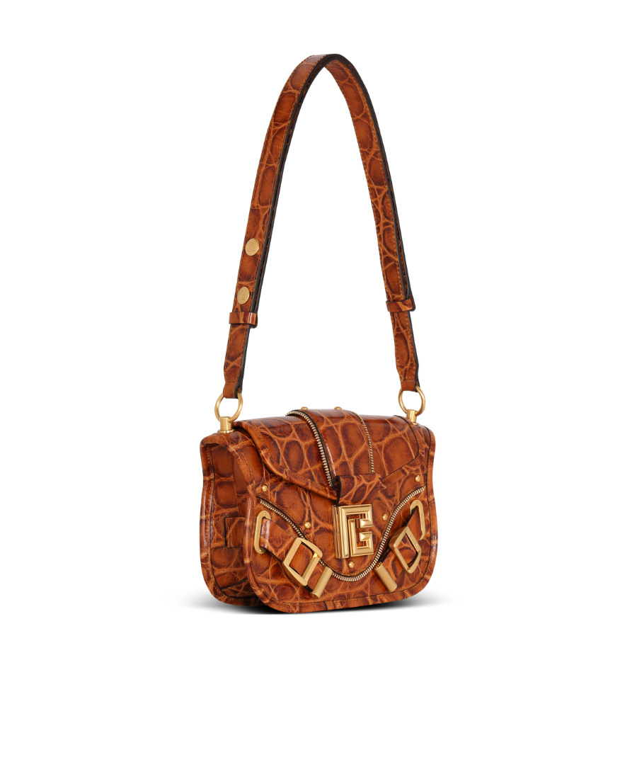 Balmain Blaze Bag In Crocodile-print Leather In Brown