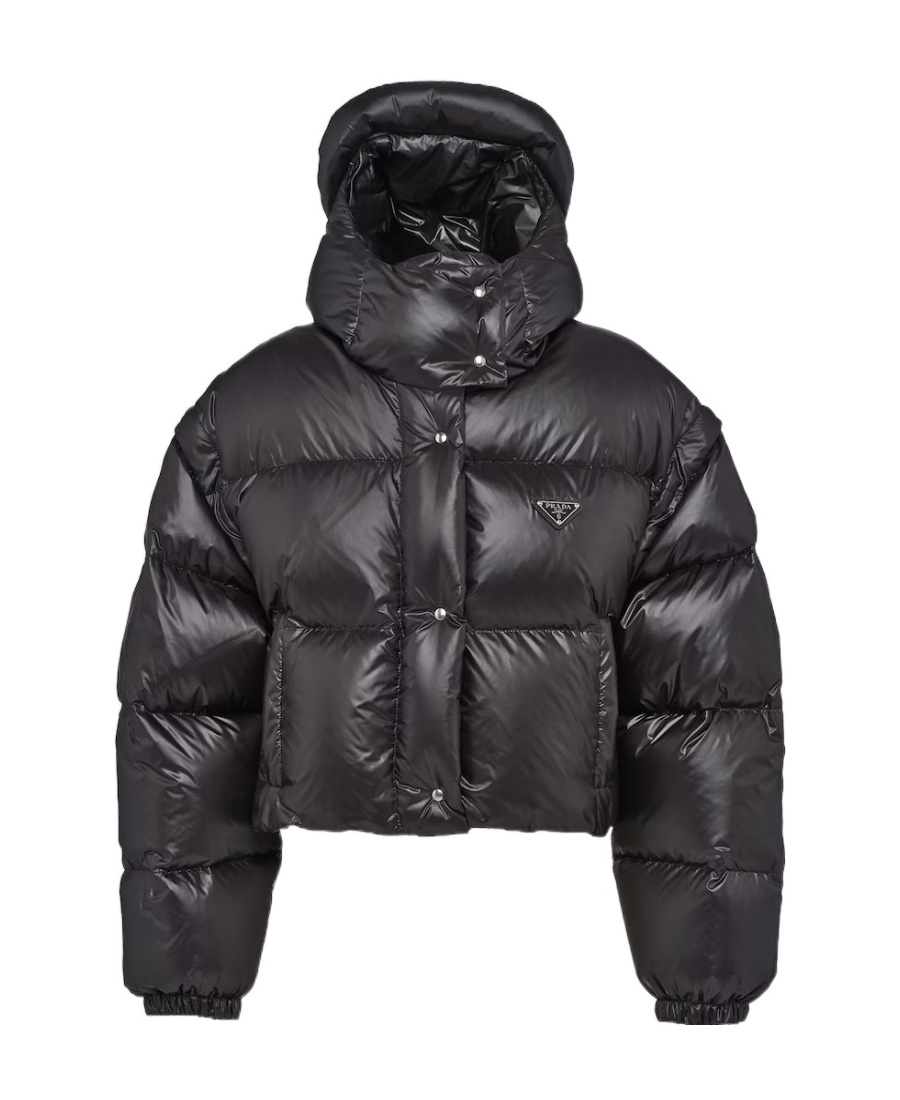Prada Womens Black Logo-plaque Padded Cropped Shell-down Jacket In Black