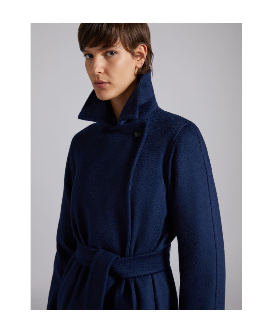 Max Mara Lapel Long-sleeved Belted Coat In Blue