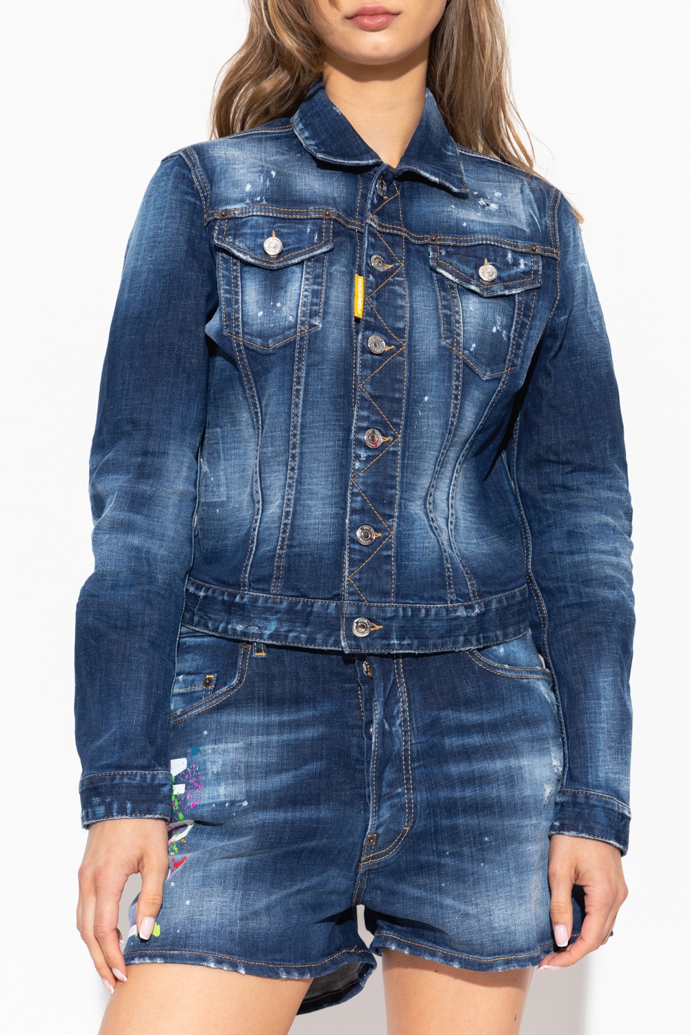 Dsquared2 Icon Paint-splatter Denim Jacket In Blue