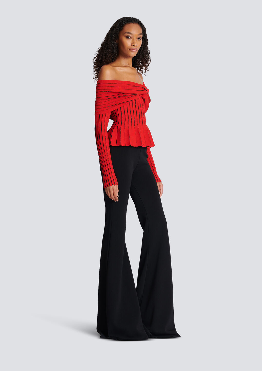 Balmain Off-shoulder Knit Top With Knotted Detail In Red