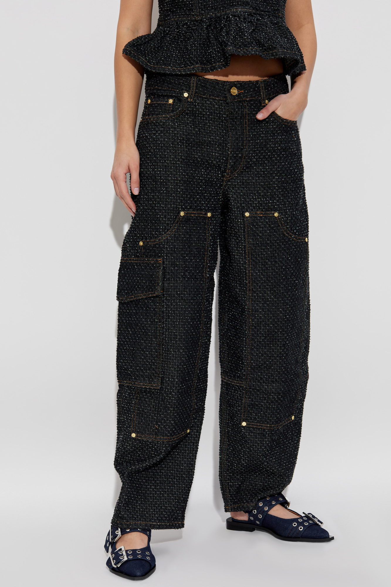 Shop Ganni Black Fluffy Denim Carpenter Jeans