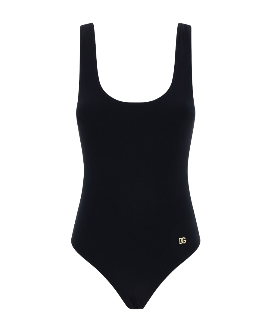 Dolce & Gabbana Logo-plaque Scoop-neck Swimsuit In Black