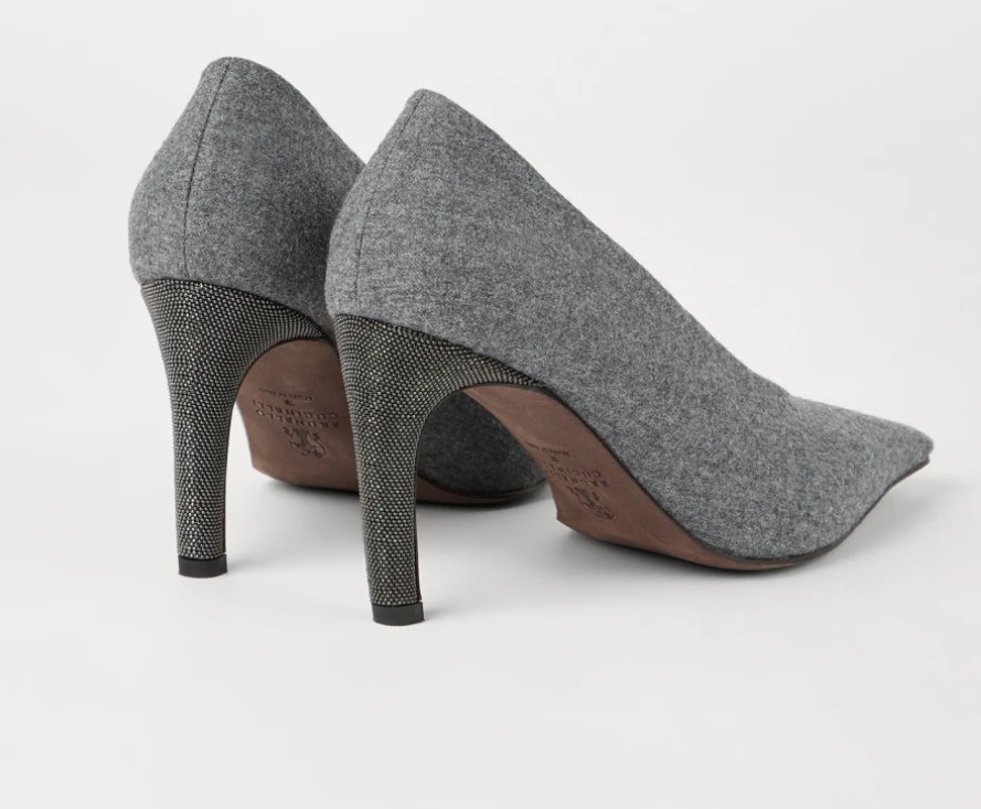Brunello Cucinelli Water-resistant Virgin Wool Flannel Heels With Precious Details In Gray