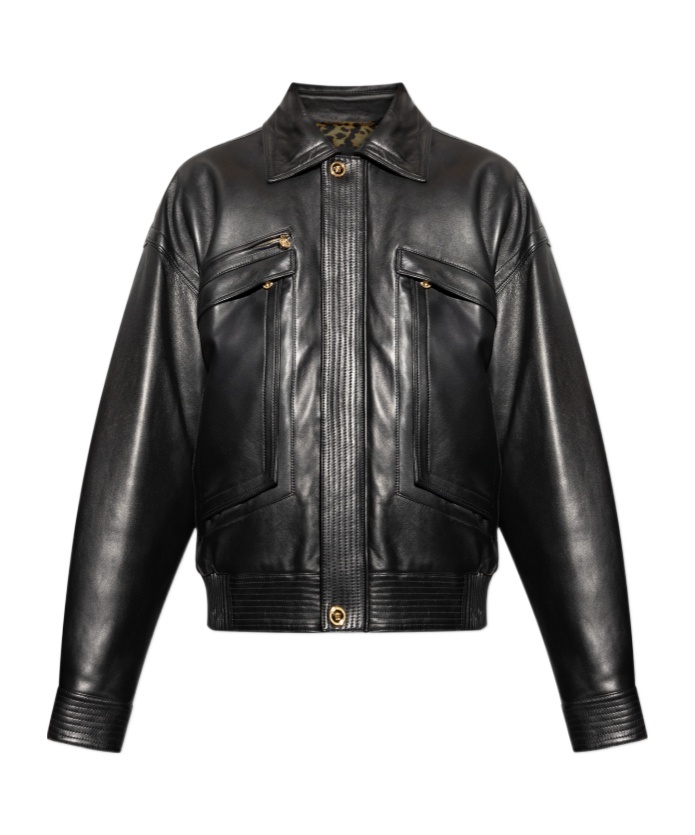 Versace Long Sleeve Leather Jacket In Black