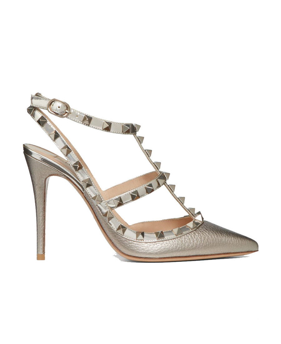 Shop Valentino Rockstud Metallic Ankle Strap Pump 100 Mm In Nude
